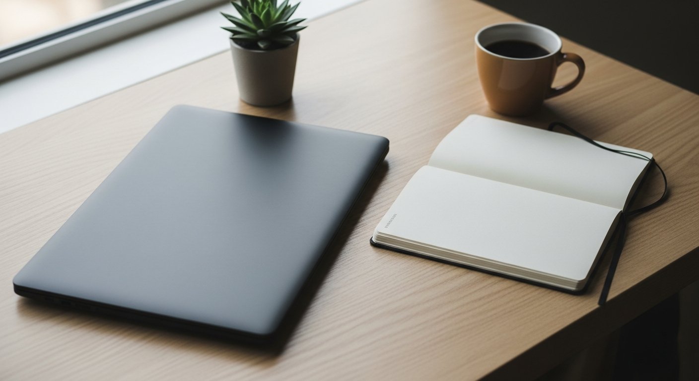 A closed dark laptop on a designer's desk beside an open notebook, a small succulent plant, and a mug of black coffee, lit by natural window light